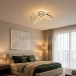 Luminaria LED Hamaru Platinum plateada instalada en dormitorio moderno con iluminación cálida