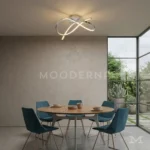 Luminaria LED Hamaru Platinum plateada en comedor moderno con mesa redonda y sillas azules
