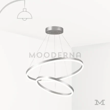 Lámpara LED colgante Billy Platinum de dos aros plateados con diseño moderno y altura regulable.