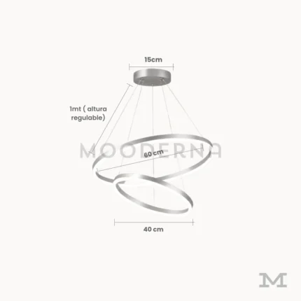Medidas de lámpara LED Billy Platinum con aros de 60 y 40 cm y altura regulable de hasta 1 metro.