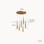 Medidas de lámpara Mercy Gold con 6 luces, base de 45 cm y altura regulable de hasta 1 metro.