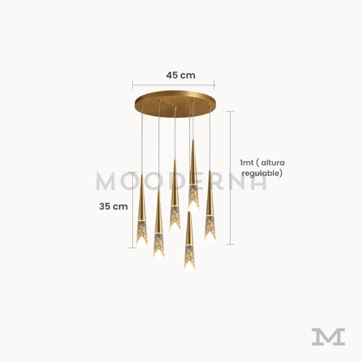 Medidas de lámpara Mercy Gold con 6 luces, base de 45 cm y altura regulable de hasta 1 metro.