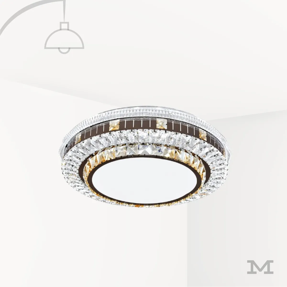 Leandra – Luminaria LED moderna de techo 40W Luminaria LED moderna Leandra con anillos decorativos tipo cristal y centro circular blanco