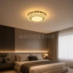 Luminaria LED Leandra con luz cálida instalada en dormitorio moderno con cama beige