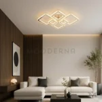 Luminaria LED Nayda Plata con diseño geométrico iluminando sala moderna con sofá blanco