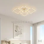 Luminaria LED de techo Nayda Plata con seis cuadrados iluminando un dormitorio moderno