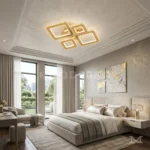 Luminaria LED Altea Gold dorada instalada en dormitorio moderno con iluminación decorativa