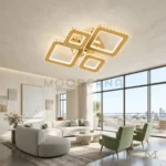 Lámpara LED de techo Altea Gold dorada iluminando una sala contemporánea
