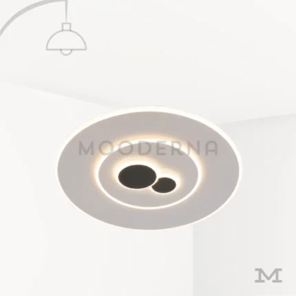 Lámpara LED de techo Esther Mix con anillos luminosos y detalles circulares negros sobre fondo blanco.