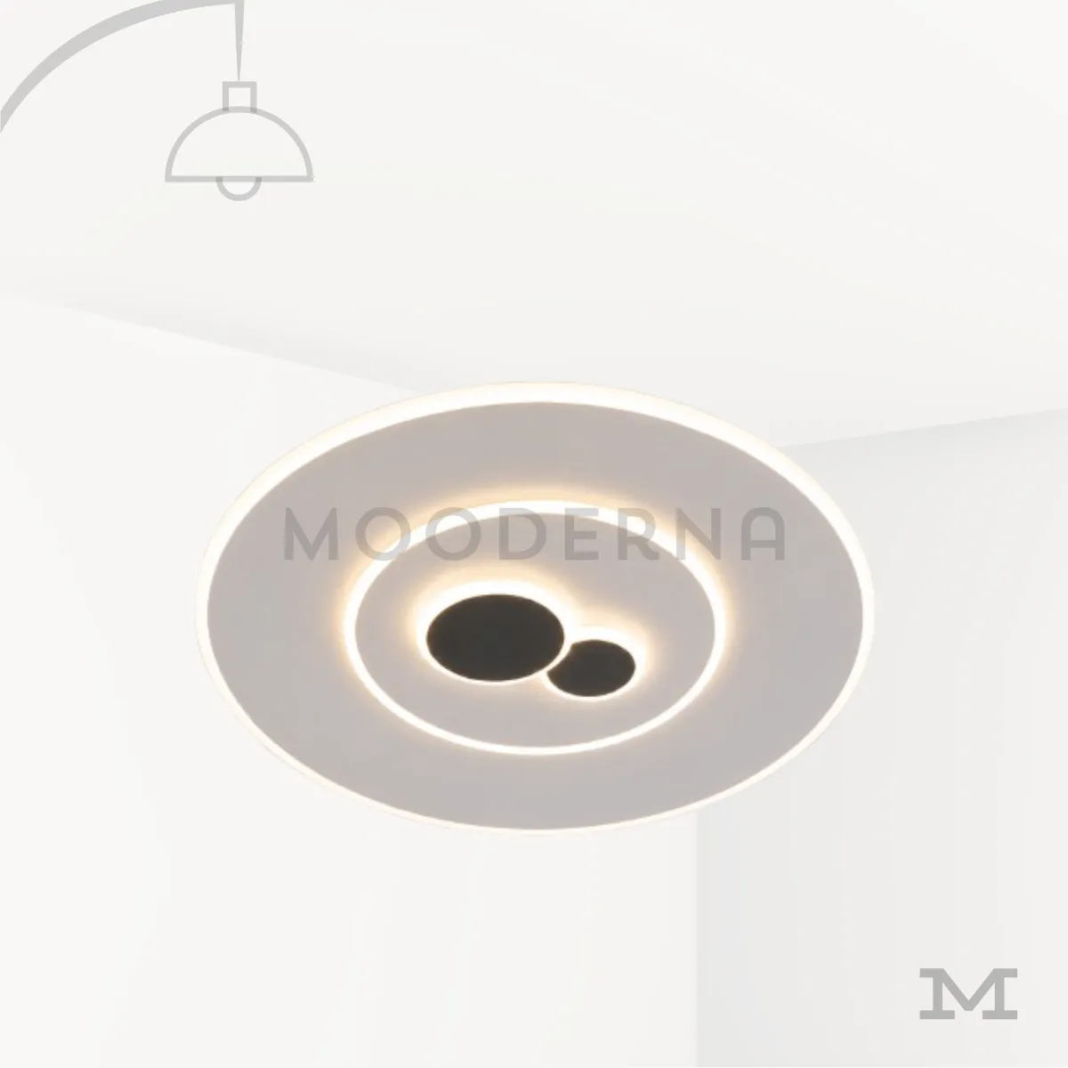 Esther Mix – Lámpara LED circular moderna. Lámpara LED de techo Esther Mix con anillos luminosos y detalles circulares negros sobre fondo blanco.