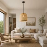 Lámpara colgante de ratán Frieda instalada en sala moderna con decoración natural