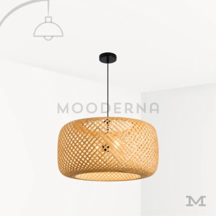 Lámpara colgante Juna de ratán natural con pantalla cilíndrica tejida y cable negro