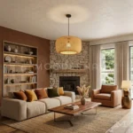 Lámpara colgante Juna de ratán tejido iluminando una sala acogedora de estilo boho