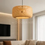 Lámpara de techo colgante Juna de ratán natural en sala contemporánea con iluminación cálida