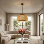Lámpara de techo Valery de ratán tejido decorando una sala luminosa con muebles claros