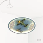 Lámpara LED infantil Bruno Blue Aviation con diseño circular azul, aviones decorativos y nubes