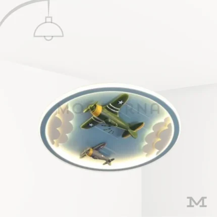 Lámpara LED infantil Bruno Blue Aviation con diseño circular azul, aviones decorativos y nubes